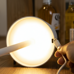 Round light bulb with a hand holding a USB cable, on a wooden surface with bottles in the background.