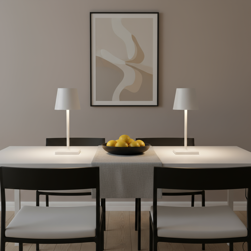 Dining room with a table, chairs, and a bowl of fruit on a neutral background