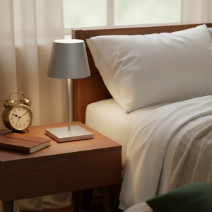 Bedroom scene with a nightstand, lamp, and clock near a bed.