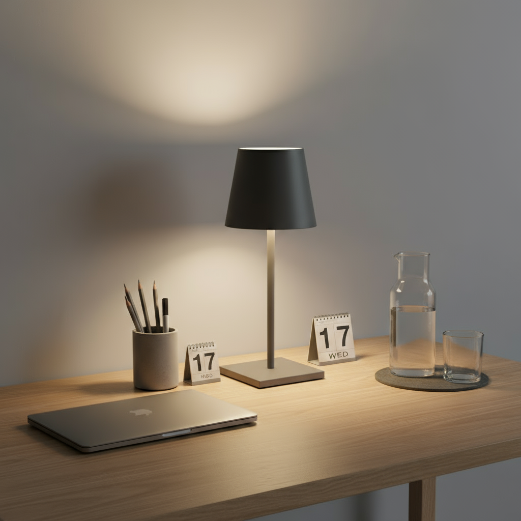 Desk setup with a lamp, laptop, and decorative items on a wooden surface.