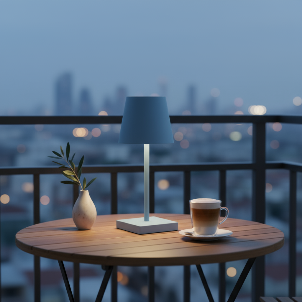 Table with a lamp, cup of coffee, and plant on a balcony with cityscape background