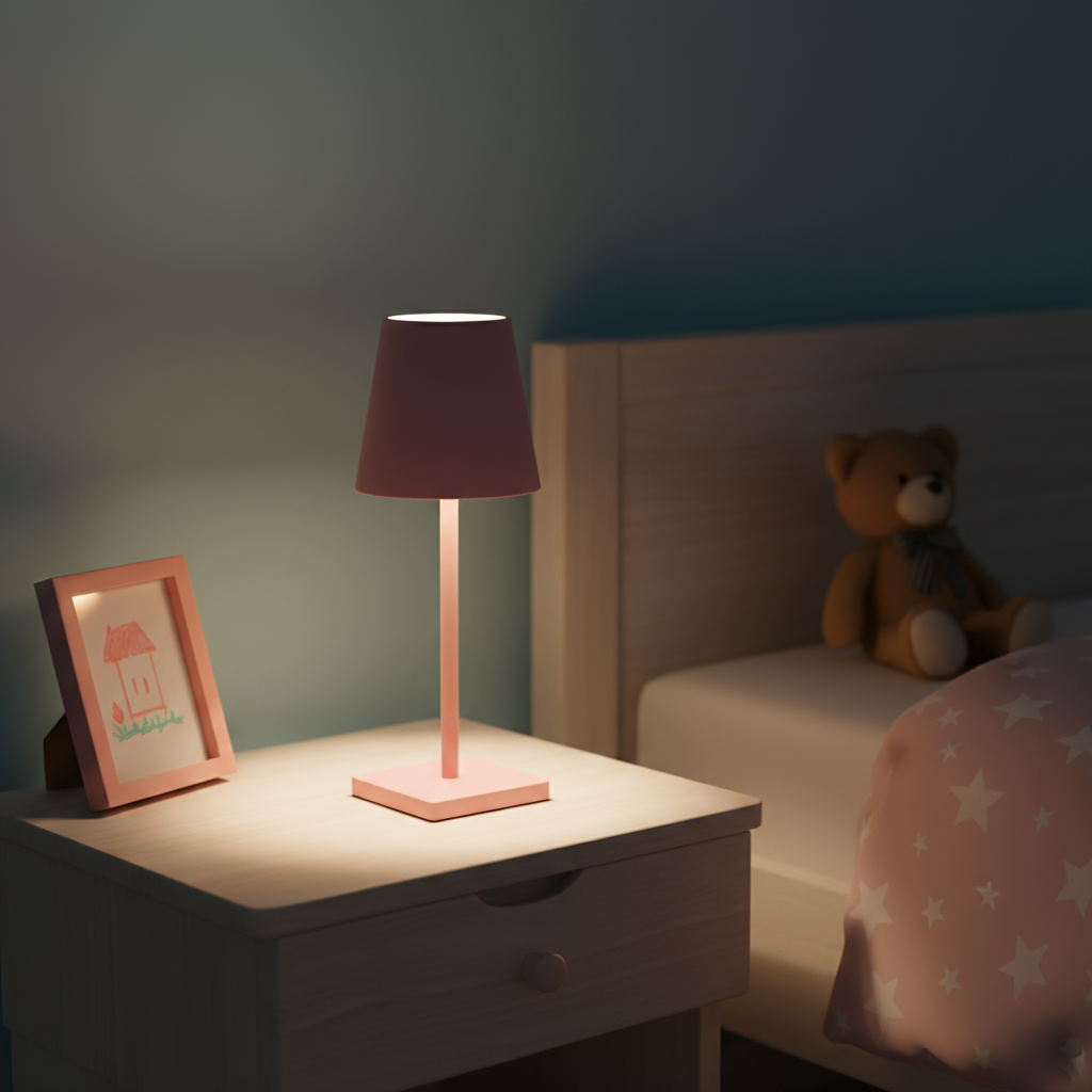 Pink lamp on a nightstand next to a teddy bear and framed picture in a bedroom setting.