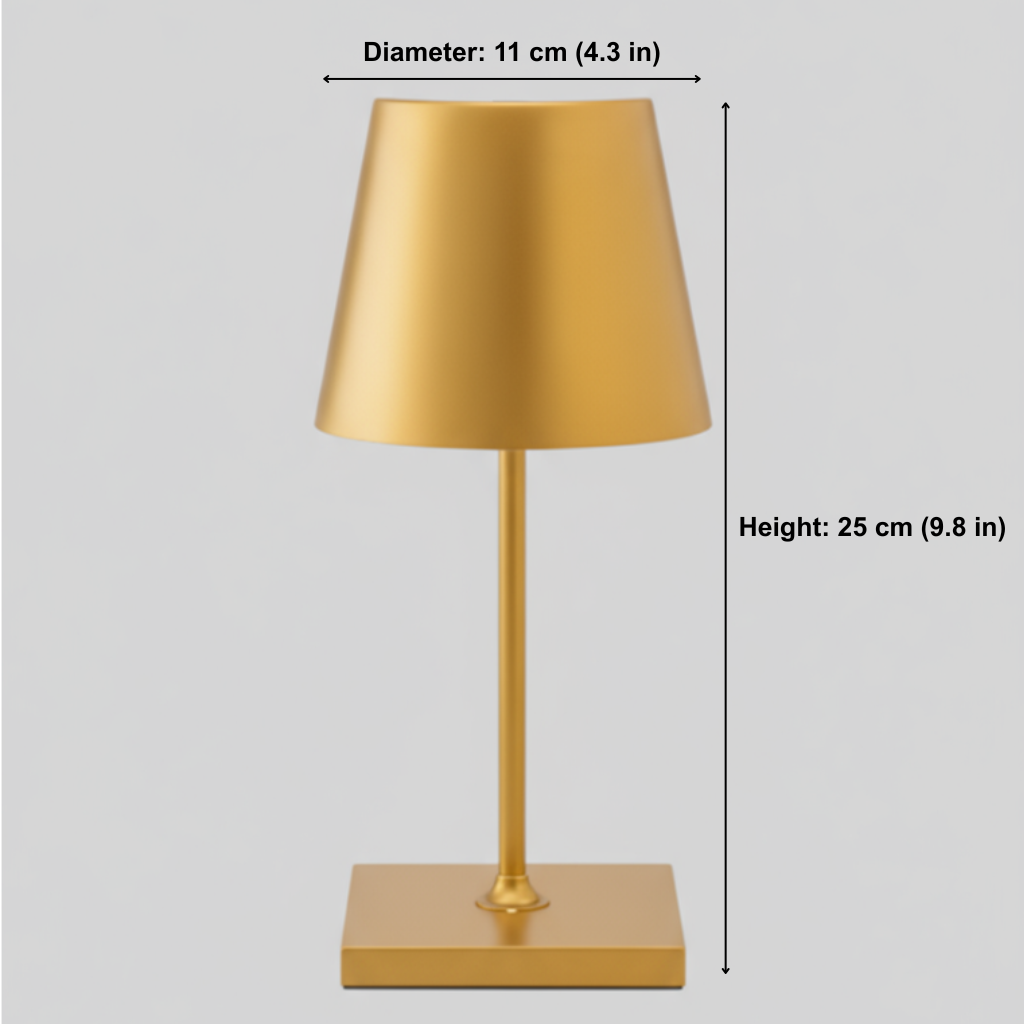 Gold table lamp with measurements on a gray background