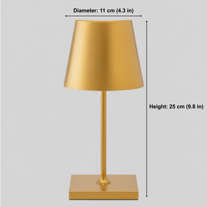 Gold table lamp with measurements on a gray background