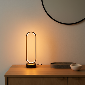 Modern table lamp on a wooden surface with a neutral background
