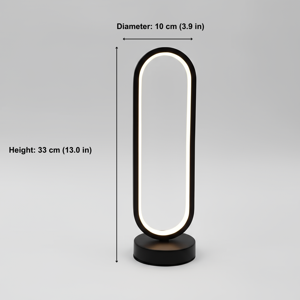 Black table lamp with measurements on a gray background