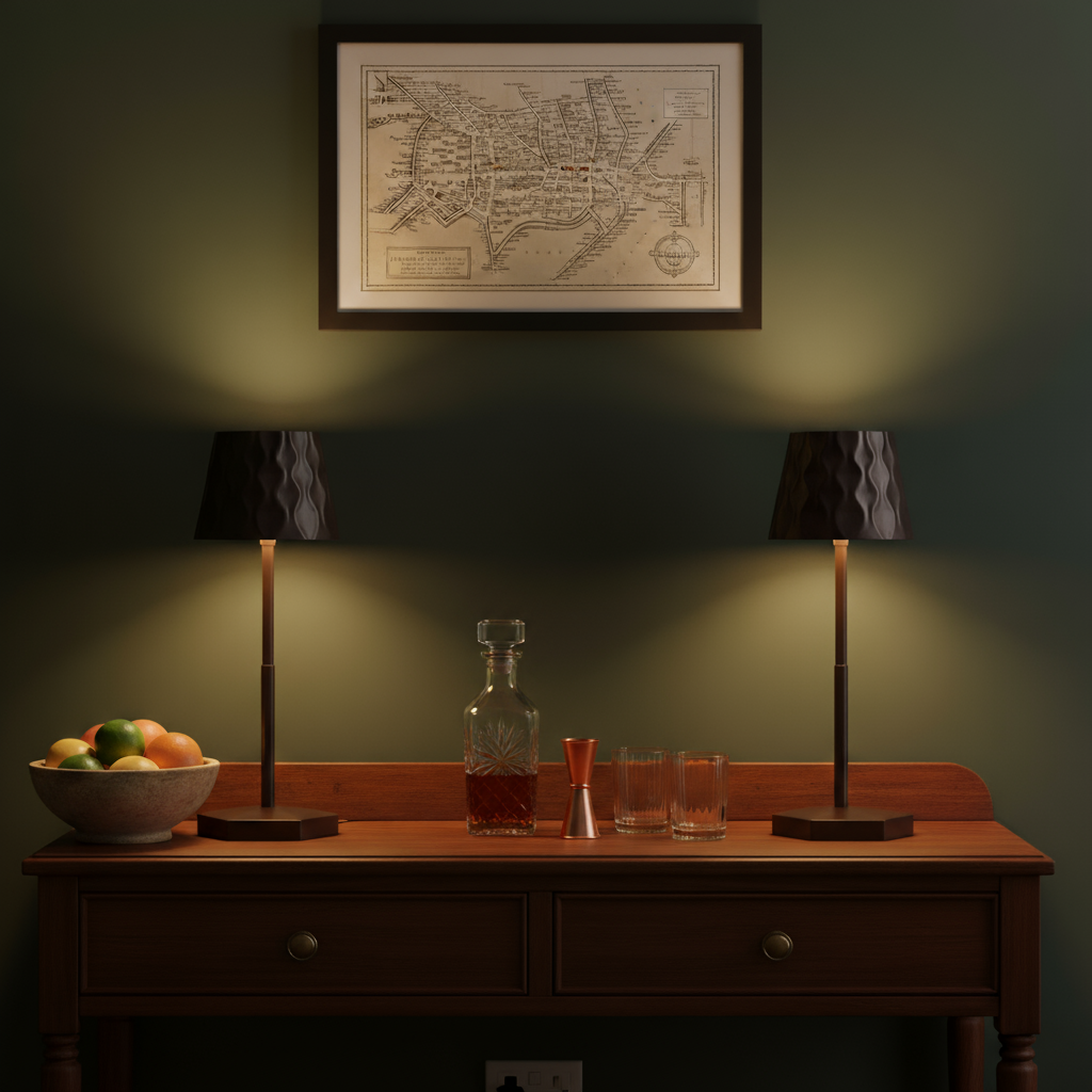 Wooden sideboard with fruit bowl, decanter, and glasses under two lamps against a wall with a framed map.