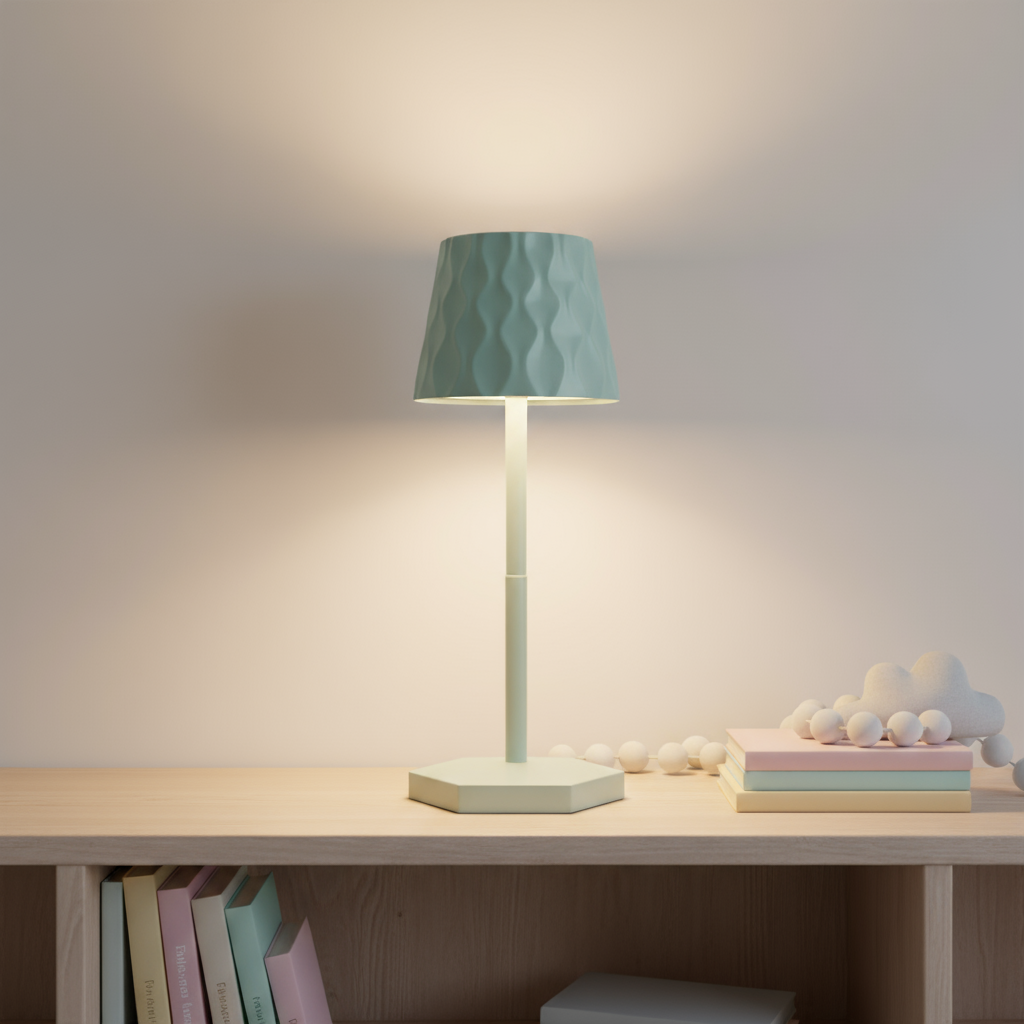 Decorative lamp on a wooden shelf and books