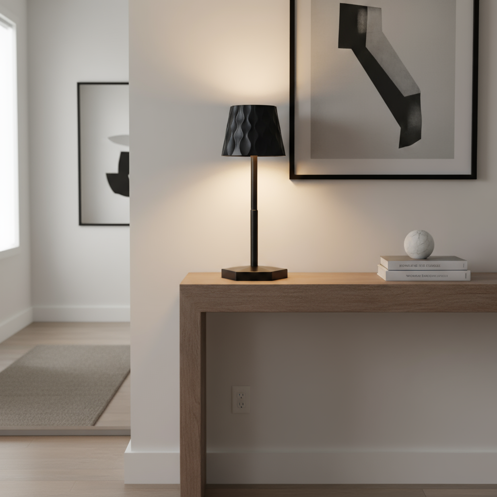 Black lamp on a wooden shelf and minimalistic decoration