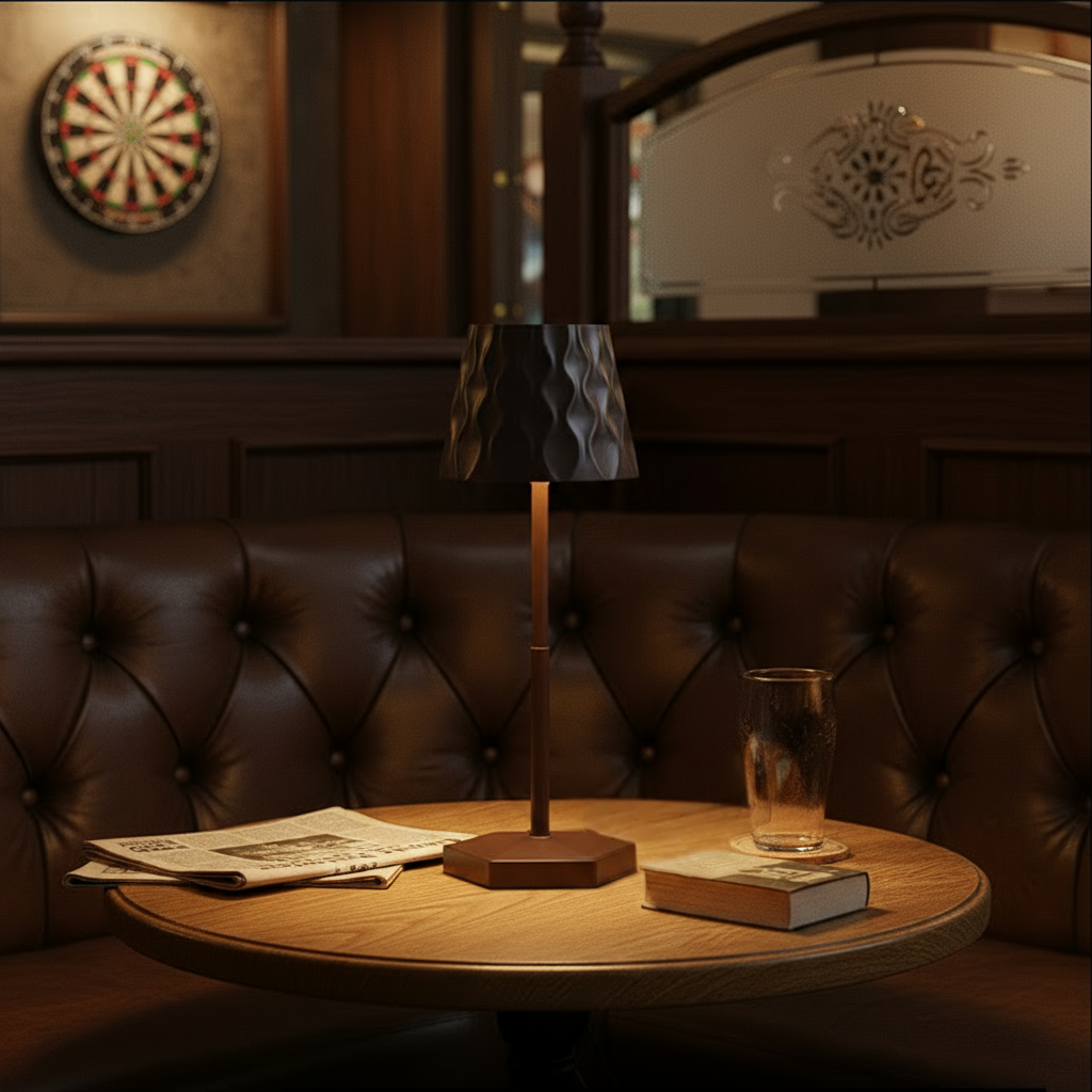 Round wooden table with a lamp, glass, and newspaper in a dimly lit room with a leather couch and dartboard.