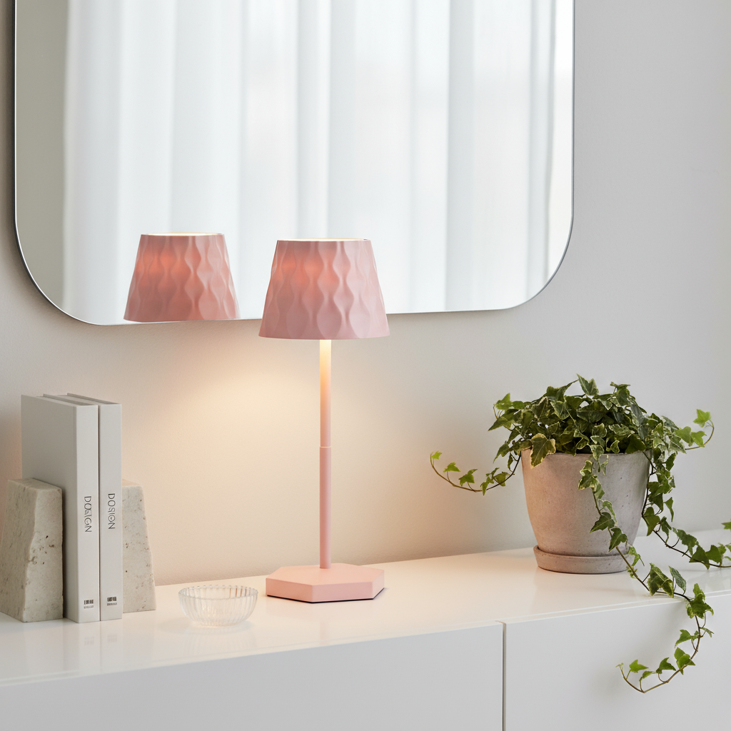 Pink table lamp on a white surface with a mirror and plant in the background