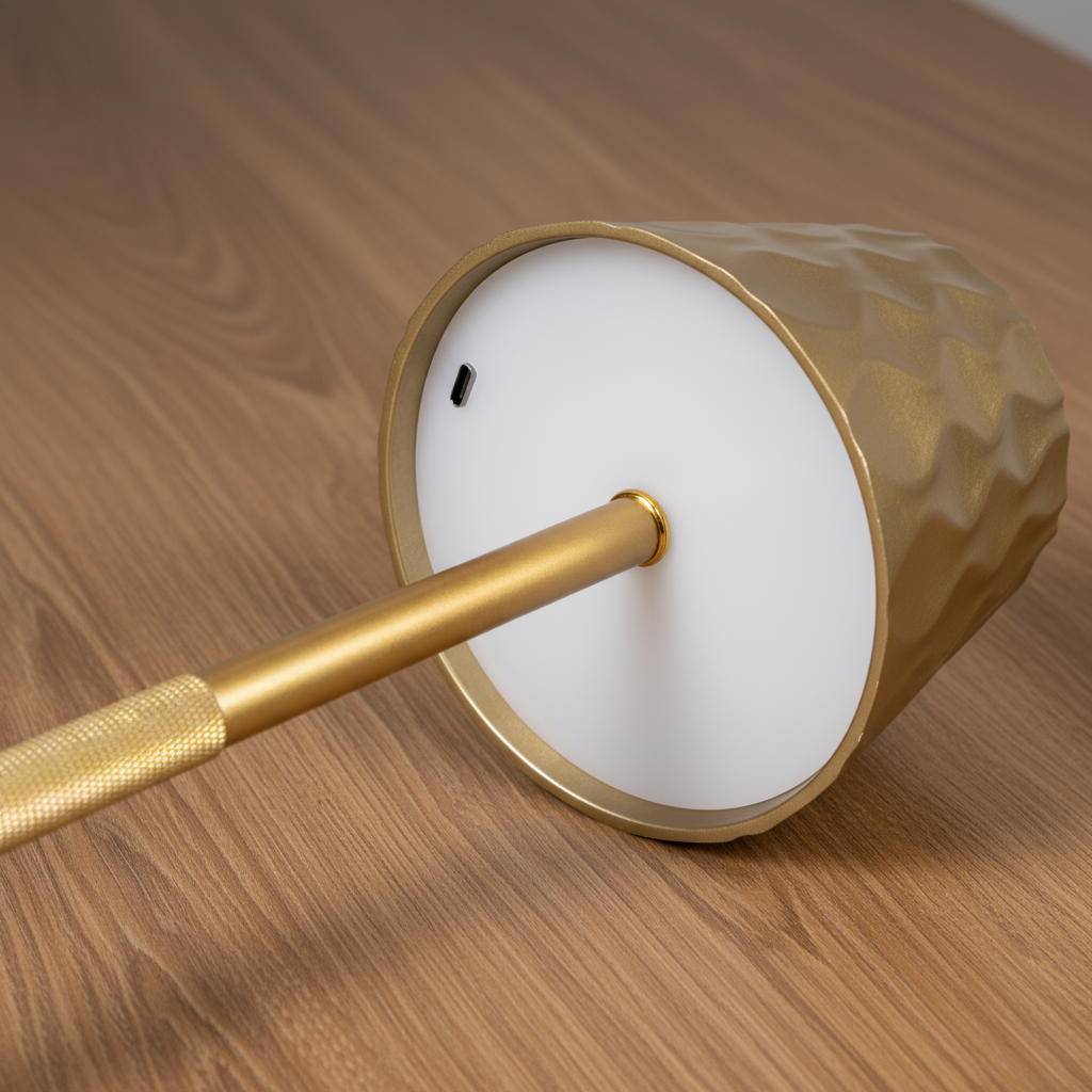 A golden modern lamp on a wooden table