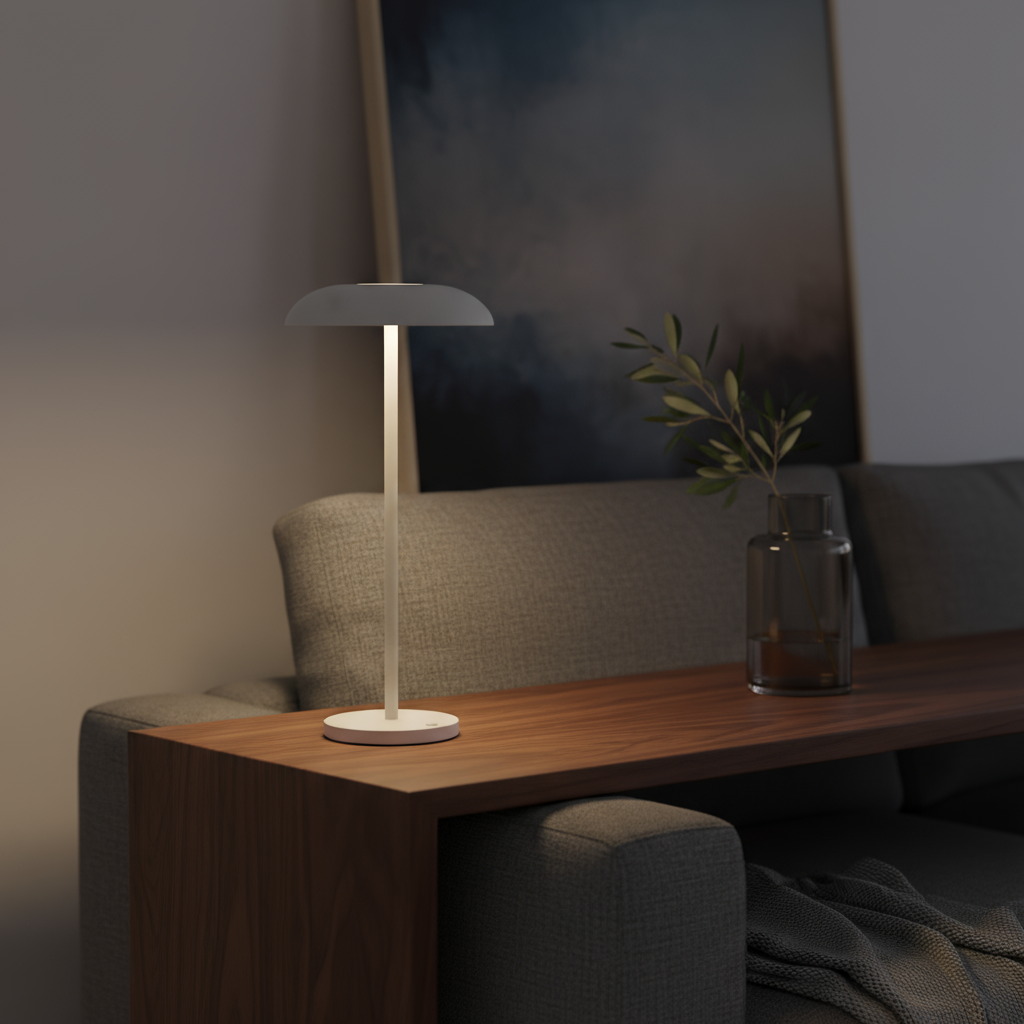 Modern table lamp on a wooden side table in a dimly lit room.