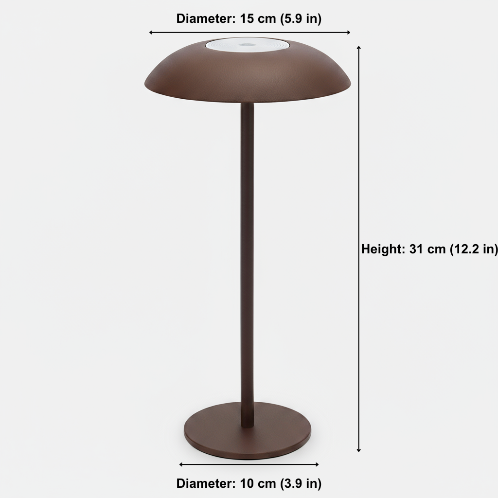 Brown floor lamp with dimensions labeled on a white background