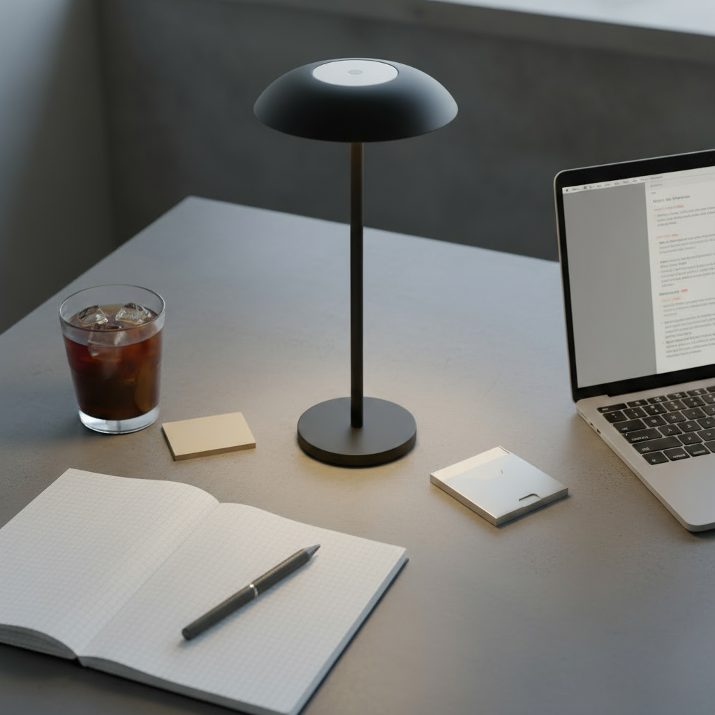 Modern desk setup with a lamp, laptop, notebook, and glass of iced coffee.