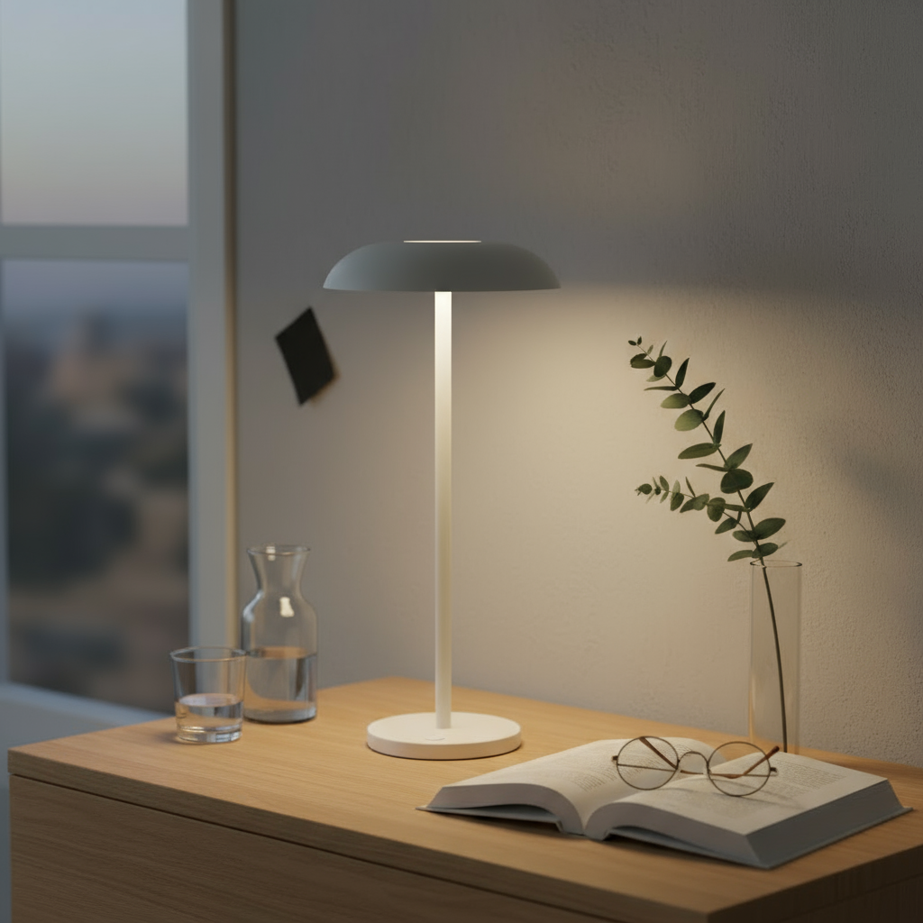Table lamp on a wooden surface with an open book, glasses, and a vase.