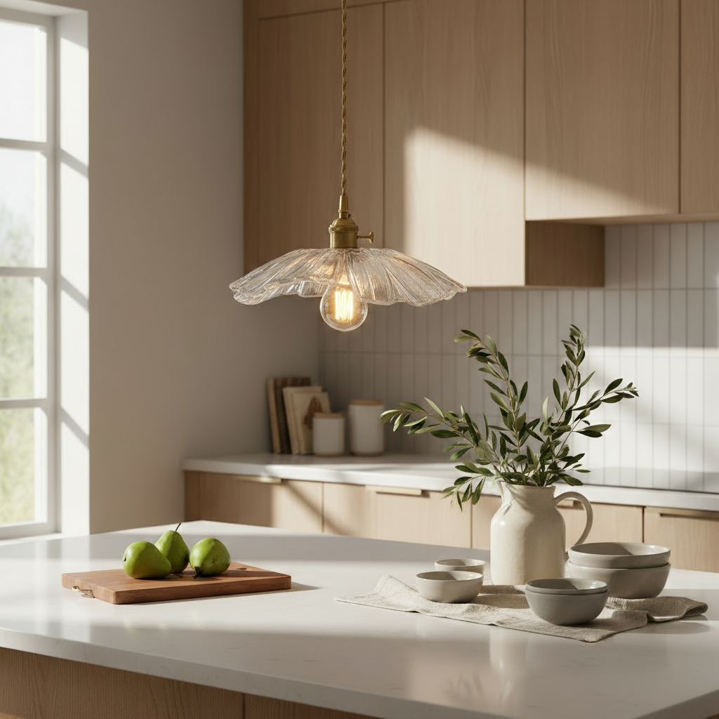 Modern kitchen with pendant light, cutting board with pears, and decorative items on a countertop.