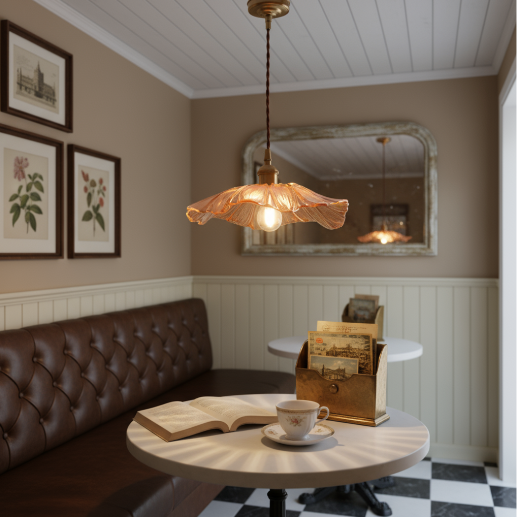 Vintage-style room with a brown leather sofa, round table, and decorative elements.