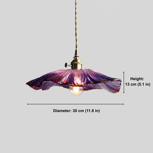 Purple pendant light with measurements on a gray background