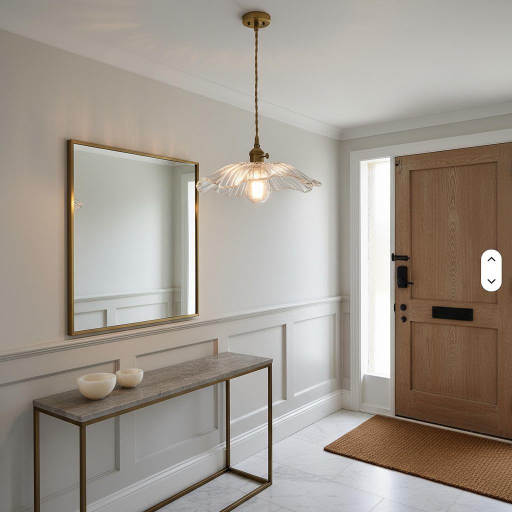 Foyer with wooden door, mirror, console table, and pendant light.