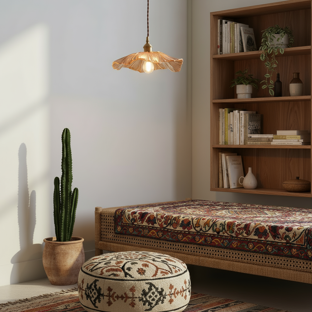 Living room with wooden bookshelf, patterned sofa, ottoman, and cactus plant.