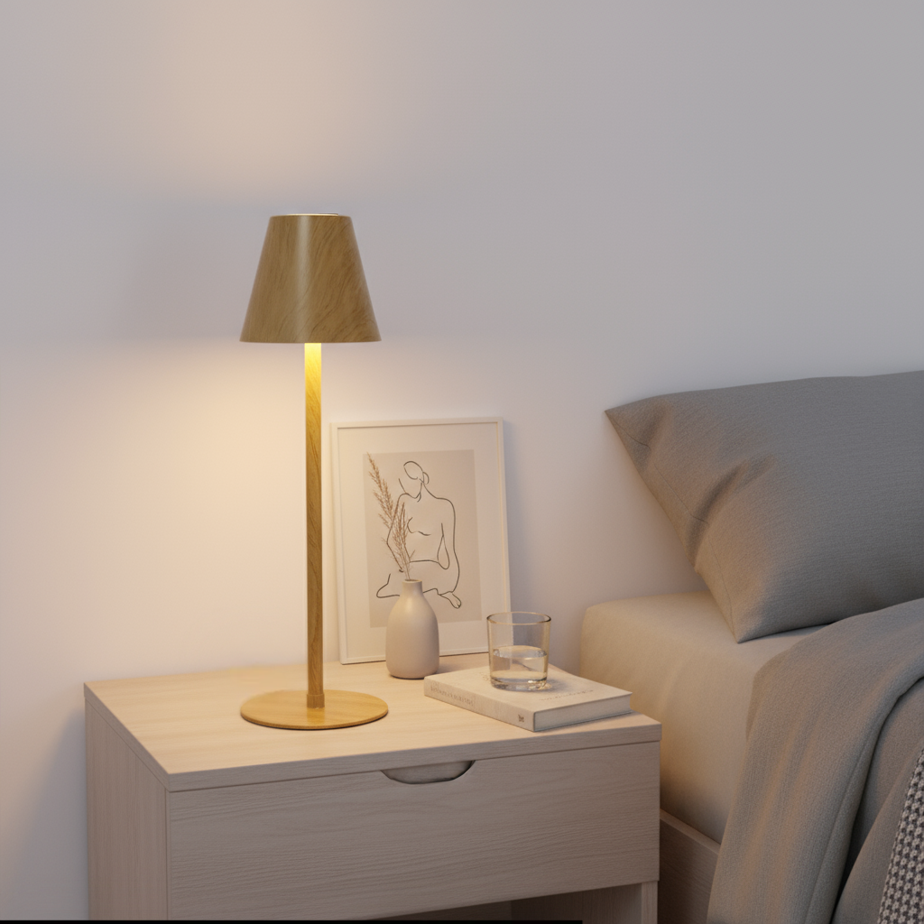 Gold table lamp on a nightstand next to a bed with a neutral color scheme.