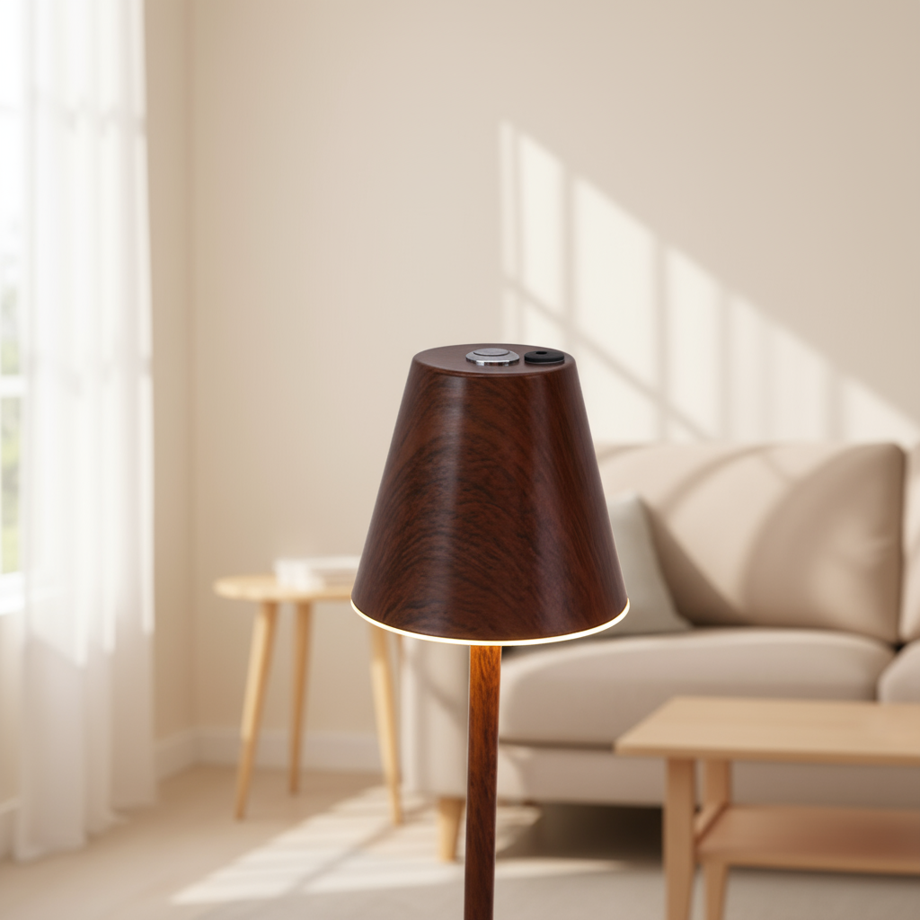 Wooden floor lamp in a living room with sunlight streaming through a window.