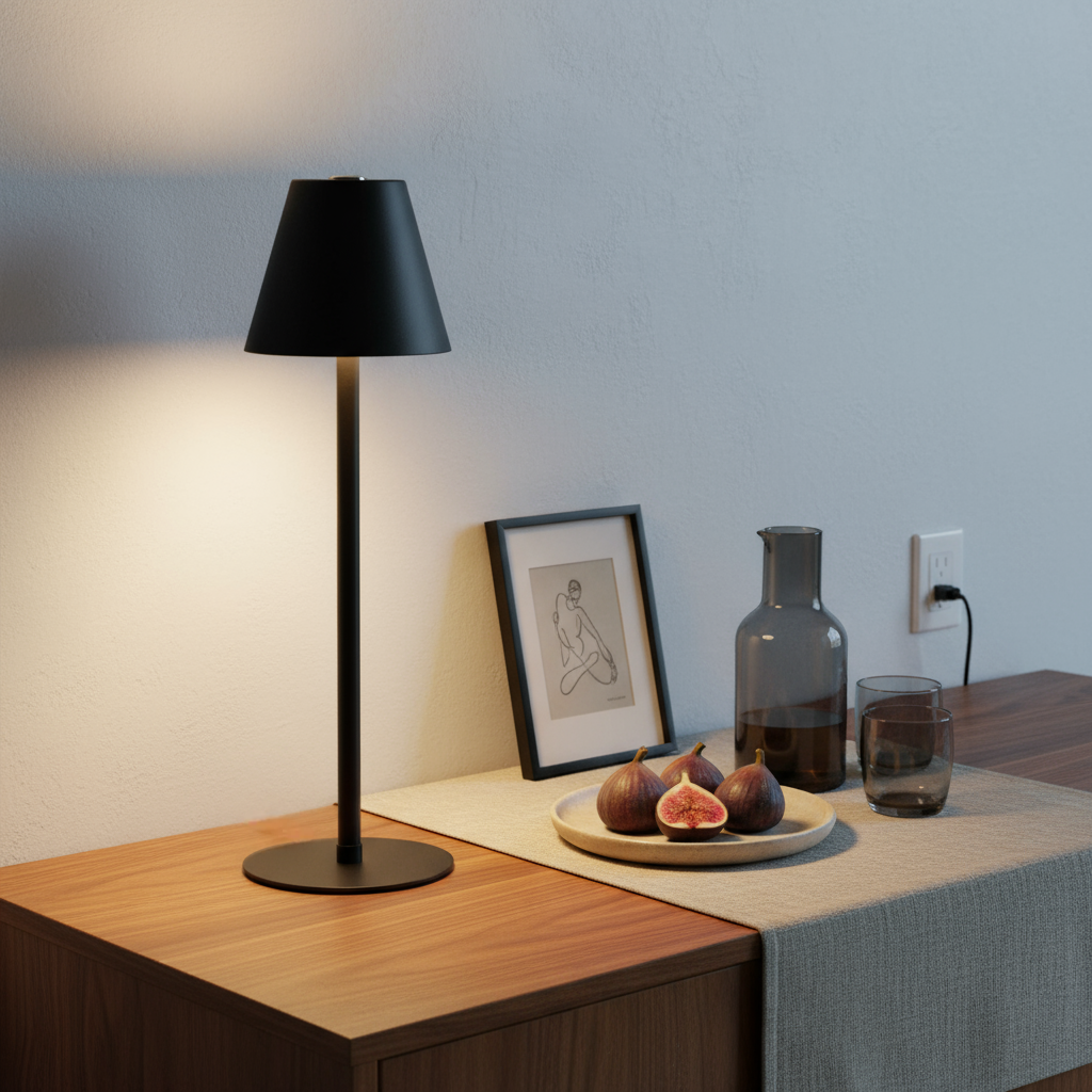 Two black lamps on either side of a window with blue tiles, showing a bowl of fruit and bottles.