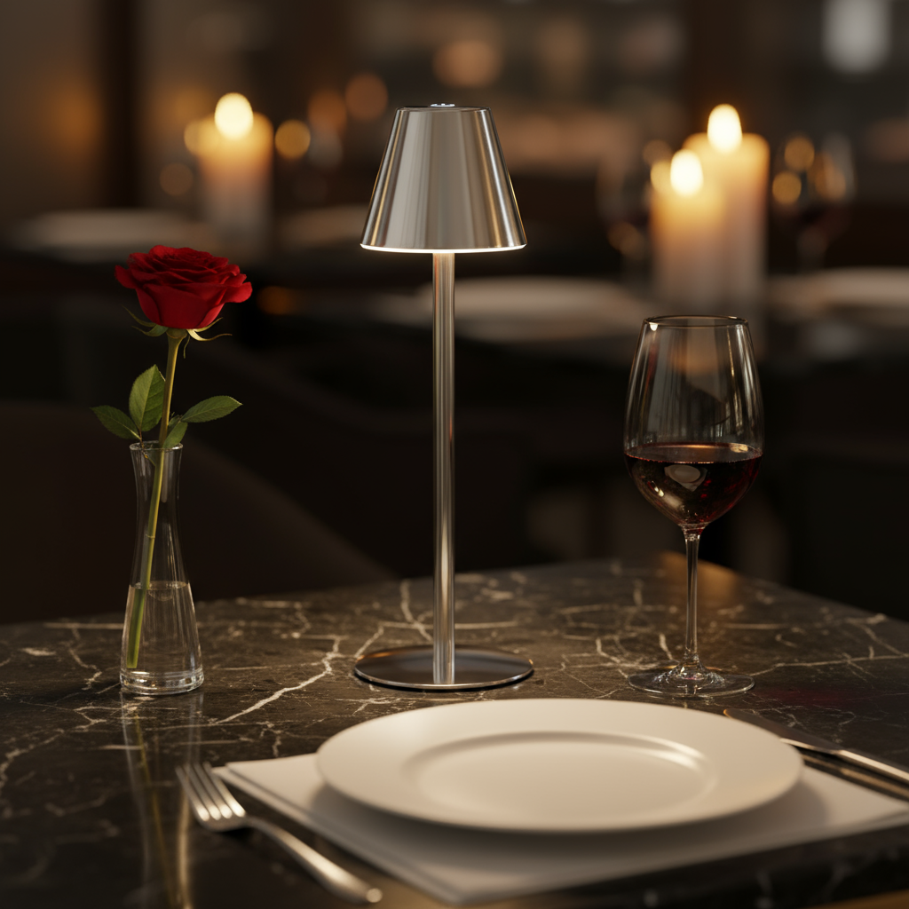 Table with a lamp, glasses, and snacks on a balcony with city lights in the background