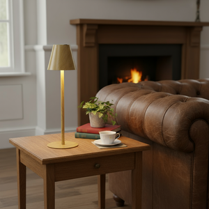 Cozy living room with a brown leather sofa, wooden coffee table, and fireplace.