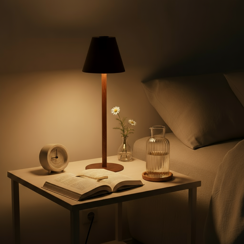 Table lamp on a wooden table with cups and cards in a cozy living room setting.