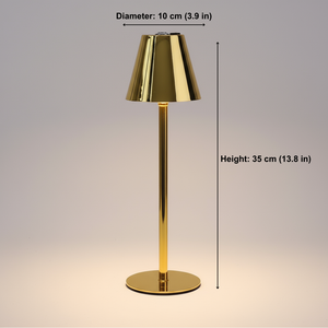 Gold floor lamp with dimensions indicated on a gray background
