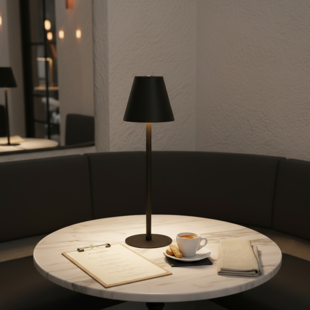 Black table lamp on a wooden surface with a neutral background