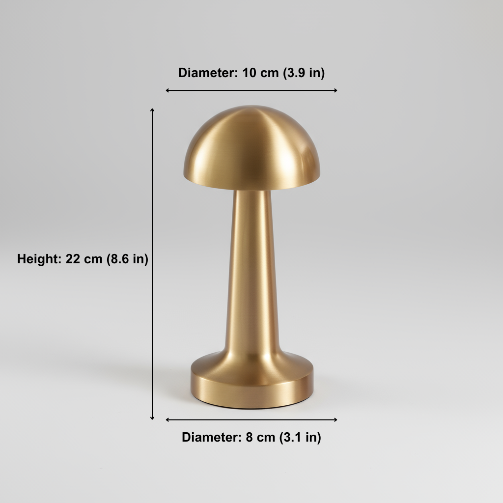 Gold mushroom-shaped object with dimensions labeled on a gray background