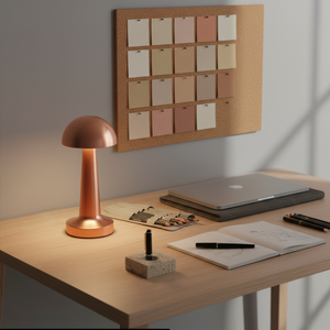 Desk setup with a copper lamp, laptop, notebook, and color swatch board on a neutral background