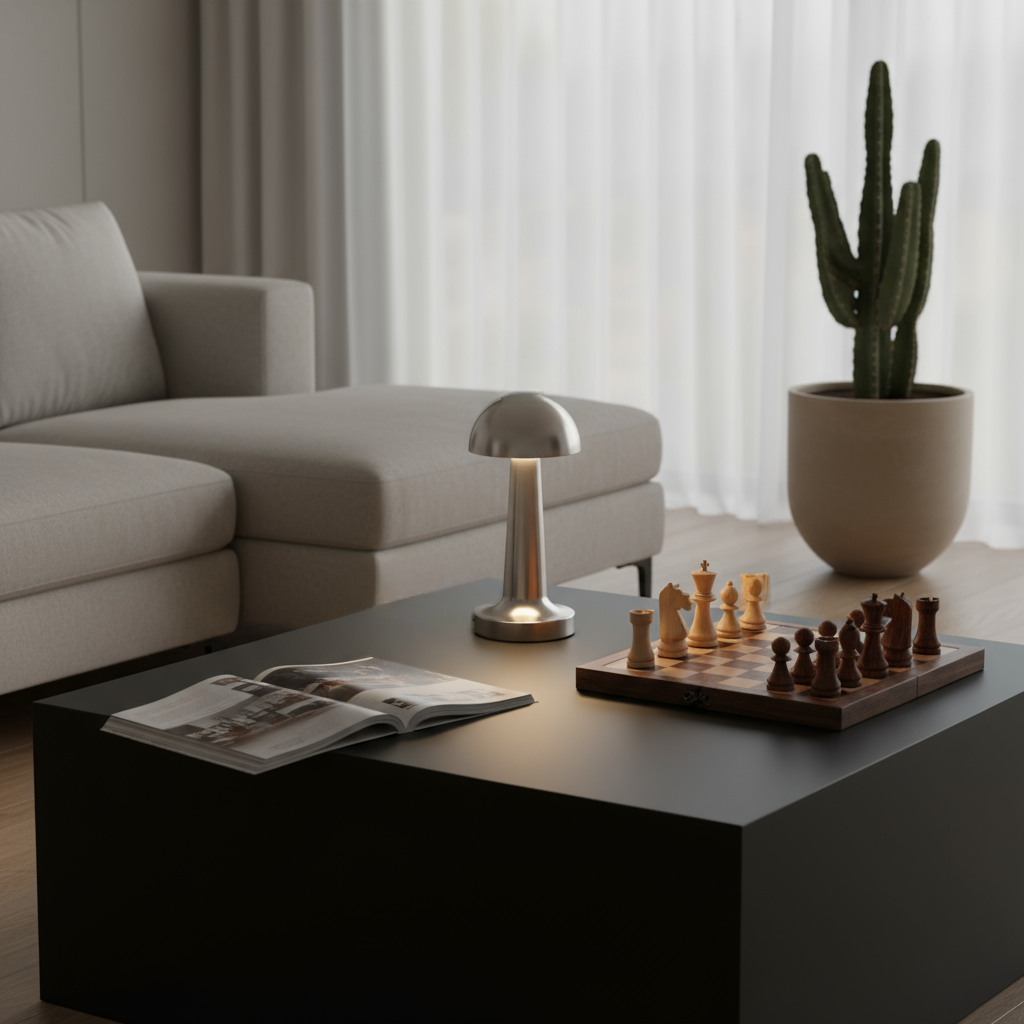 Living room with a coffee table featuring a chessboard, chess pieces, a lamp, and an open magazine.