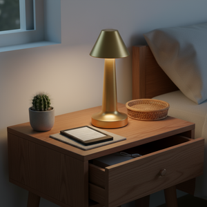 Gold lamp on a wooden nightstand with a cactus and basket in a bedroom setting
