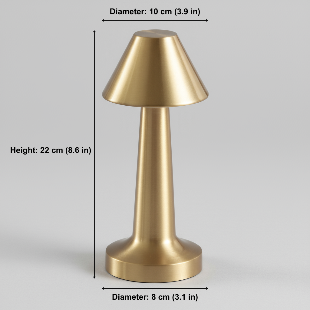 Gold lamp with dimensions labeled on a gray background