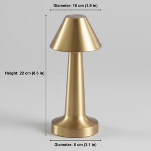 Gold lamp with dimensions labeled on a gray background