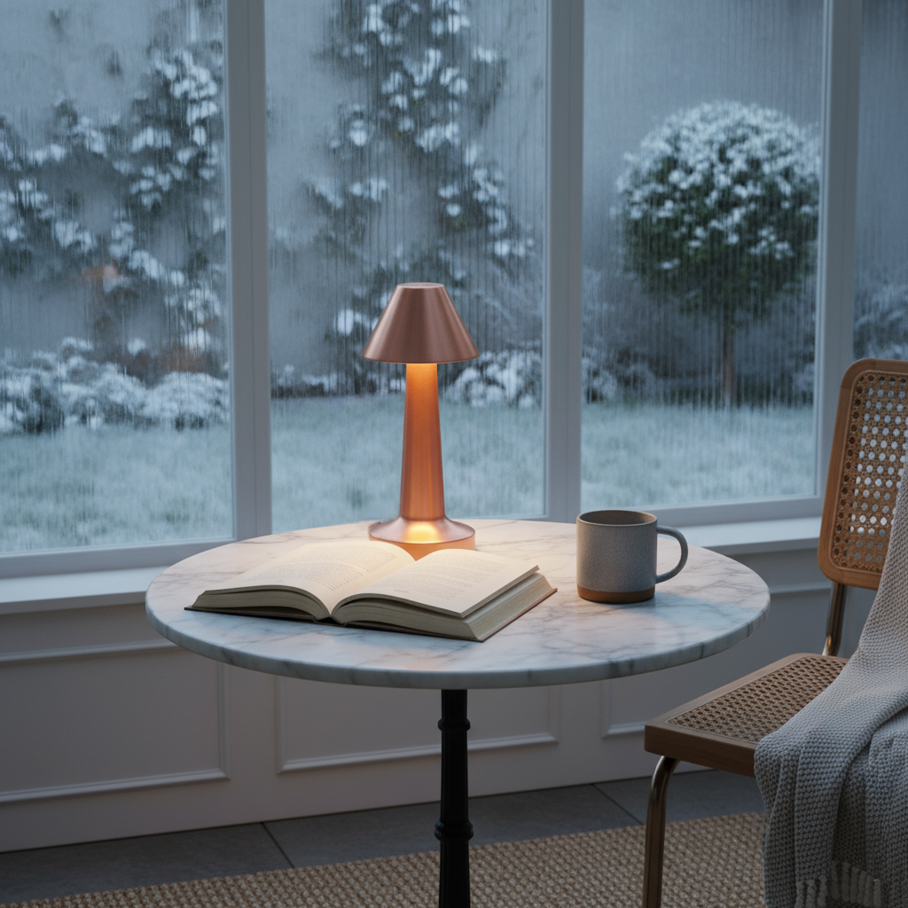 Table with a lamp, book, and mug in front of a window with snowy outdoor view