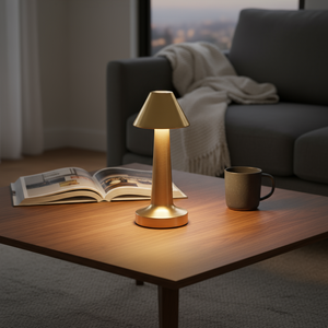 Small lamp on a wooden table with a book and mug in a cozy living room setting.