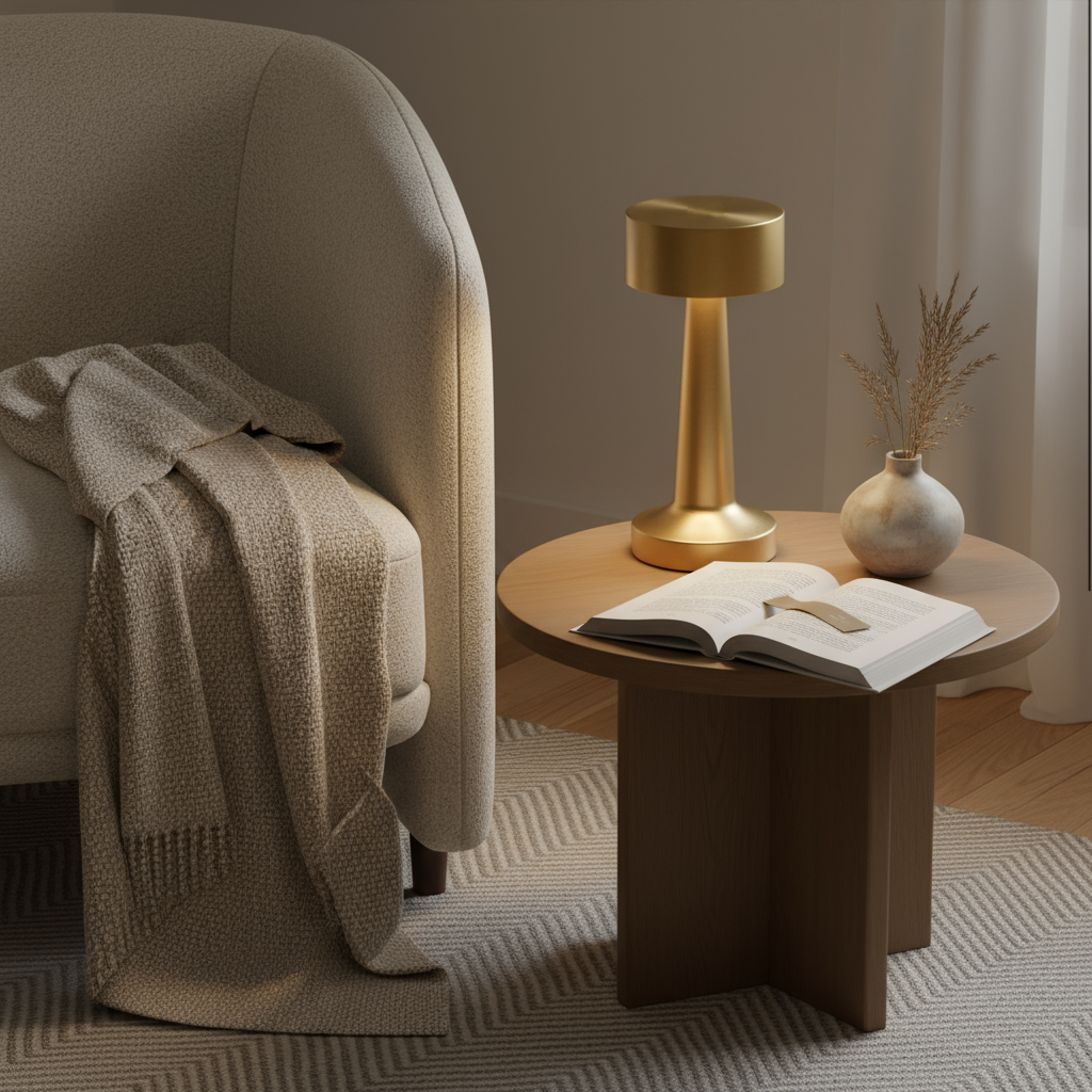 Cozy living room corner with a beige armchair, wooden side table, gold lamp, and open book.