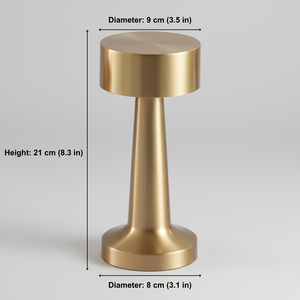 Gold cylindrical object with dimensions labeled on a gray background