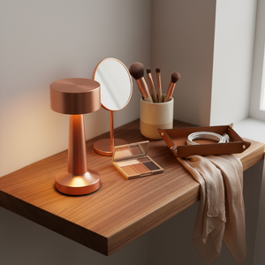 Wooden vanity table with copper lamp, mirror, makeup brushes, and compact mirror.