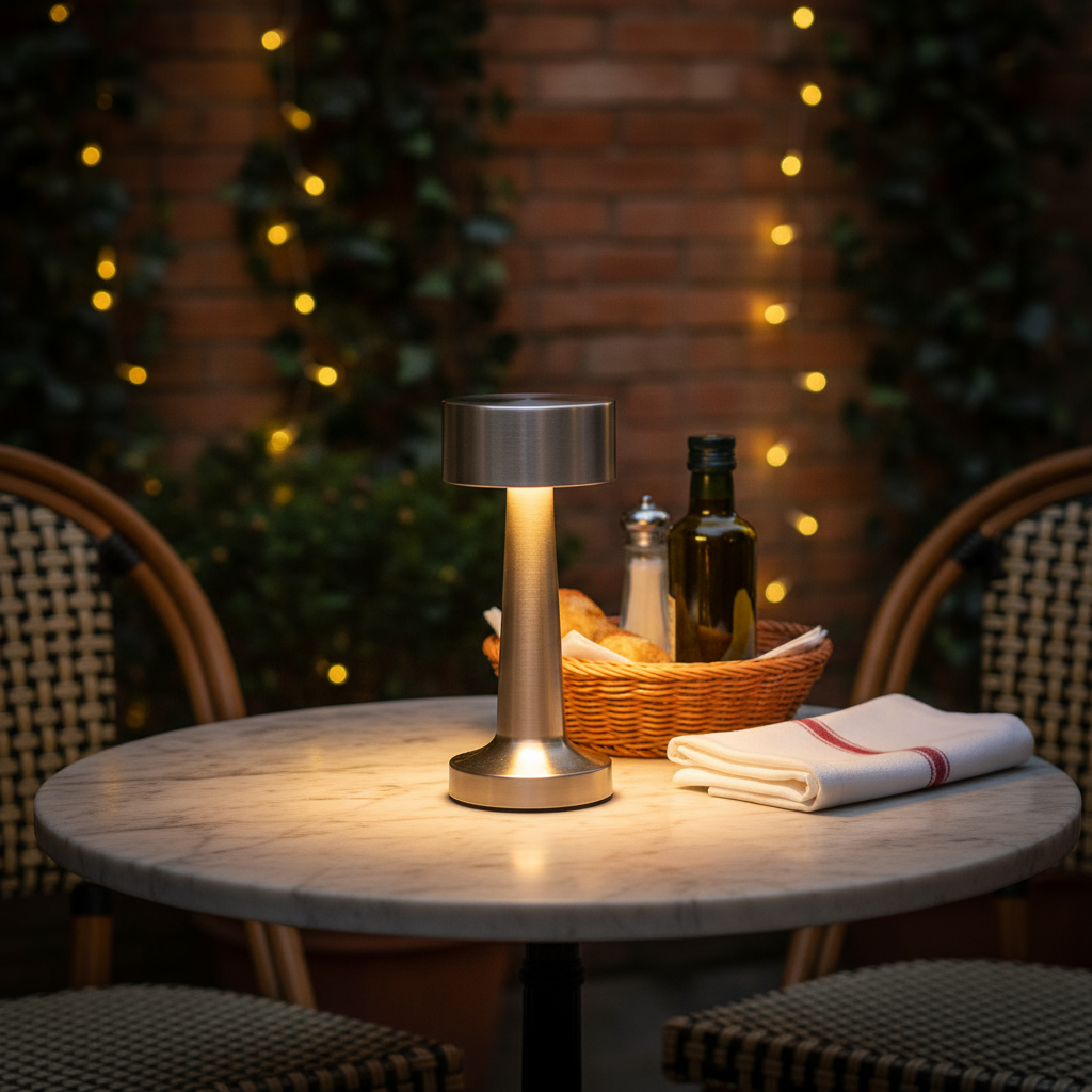 Silver lamp on a round table with a basket of bread and olive oil, surrounded by chairs and lights.