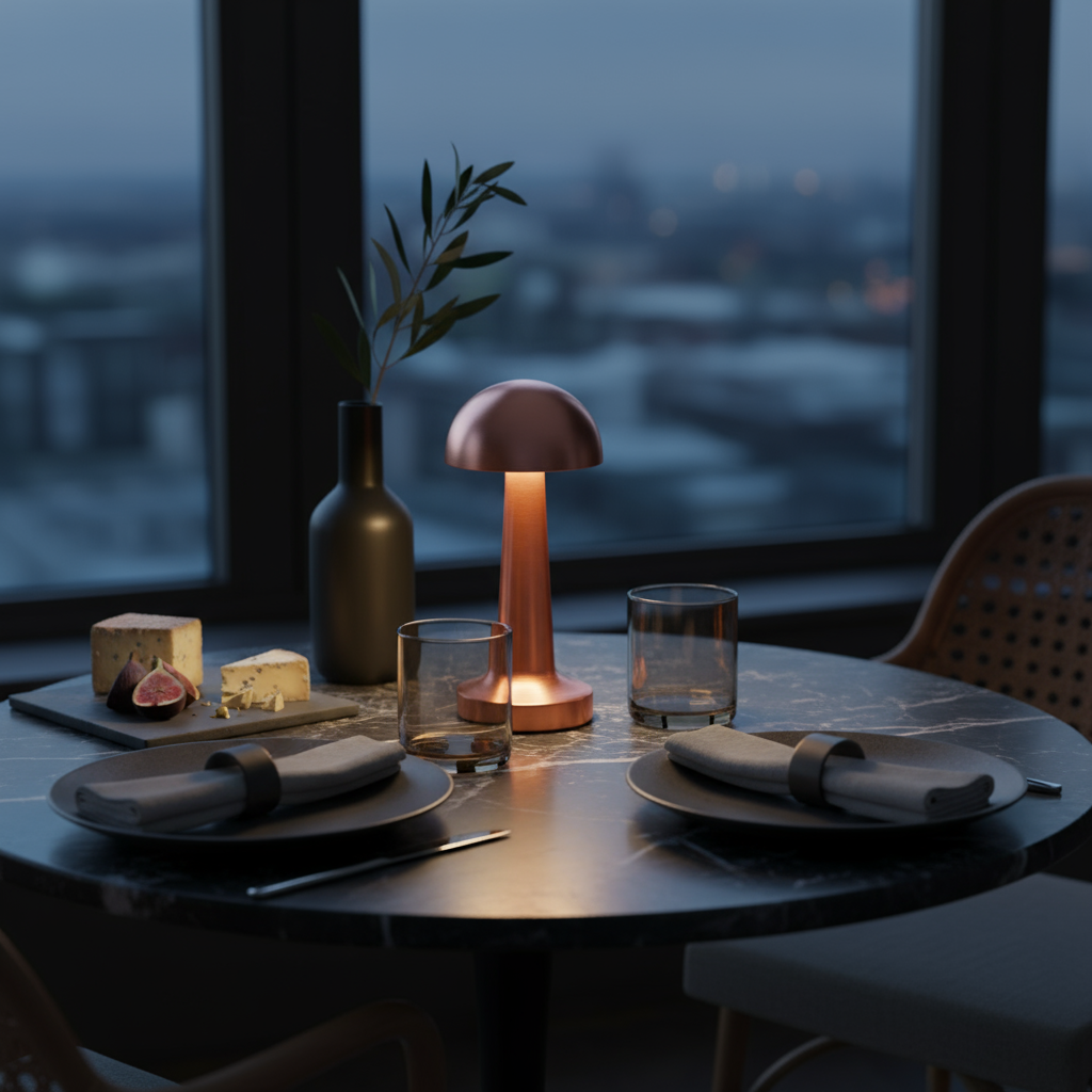 Dining table setting with cheese, figs, and a lamp in front of a window with cityscape view.