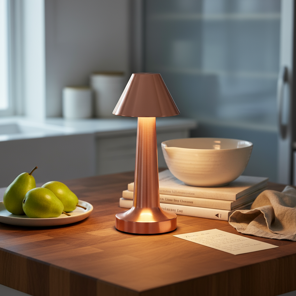 Copper table lamp on a wooden surface with books, a bowl, and pears in the background.