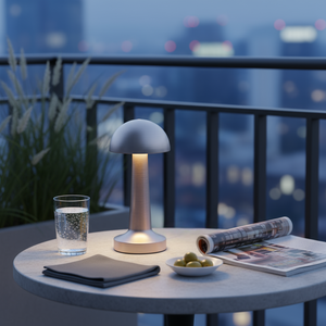 Mushroom-shaped lamp on a table with a drink, snacks, and newspaper at night.