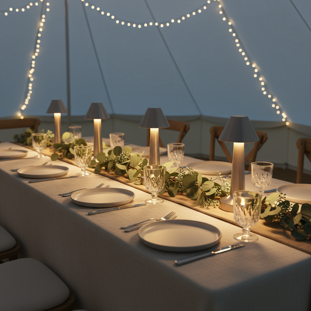 Dining table set for a meal with plates, glasses, and cutlery under string lights against a dark sky.