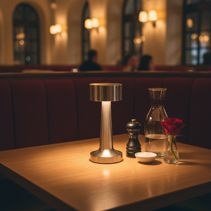 Table setting with a lamp, pepper grinder, and rose in a restaurant.